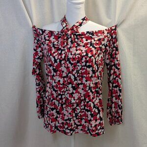 Michael Kors Size XS Black/Red/White Floral Cold Shoulder Blouse With Neck Tie